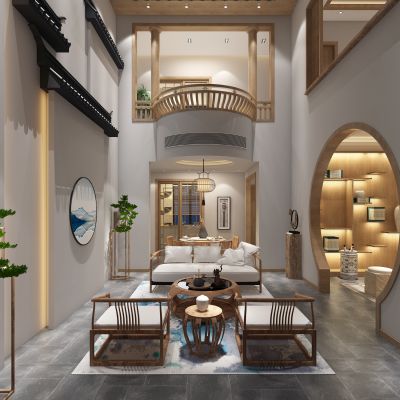 新中式徽派屋檐别墅会所会客厅实木家具沙发茶几花架摆台