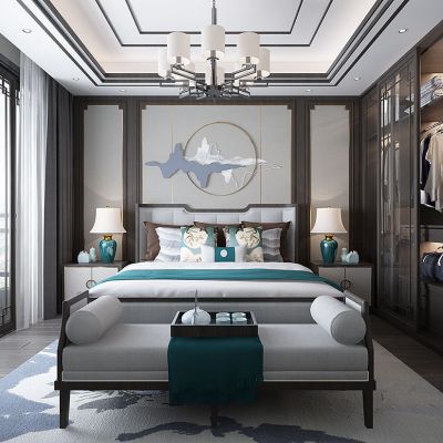 新中式卧室床床头柜台灯衣柜推拉门床尾凳