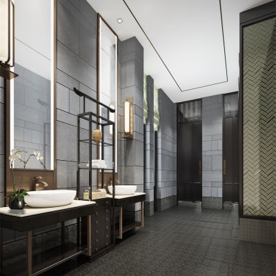 中式公共卫生间装饰架台上盆