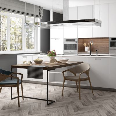 北欧现代厨房橱柜消毒柜餐桌椅子