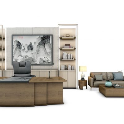 现代老板台书柜沙发组合