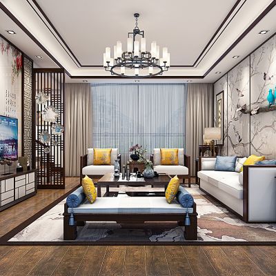 新中式客厅沙发茶几电视柜