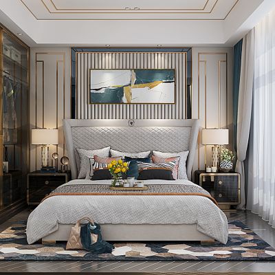 后现代欧式轻奢卧室床床头柜衣柜衣服皮包