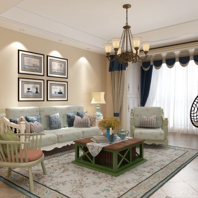 美式田园客厅沙发茶几吊灯窗帘