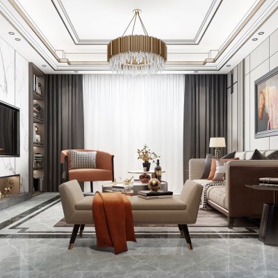 后现代简欧式轻奢客厅沙发茶几沙发墩凳边几书柜摆件