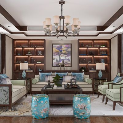 新中式会客厅沙发茶几鼓凳书柜