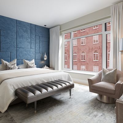 现代卧室床休息沙发落地灯软包背景