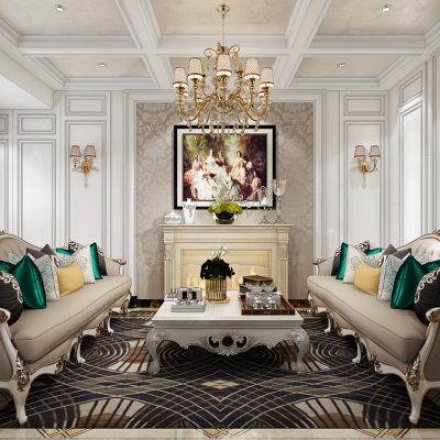 美式欧式法式古典客厅沙发茶几壁炉组合
