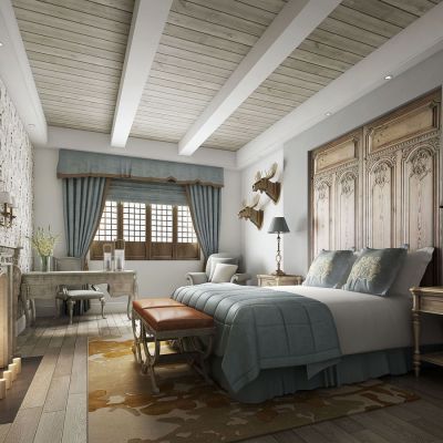 欧式法式主题客房卧室床壁炉书桌椅