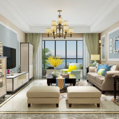 欧式简欧美式地中海客厅沙发茶几电视柜组合沙发墩挂画