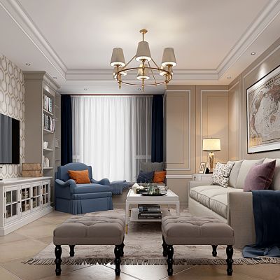 美式简欧式客厅沙发茶几沙发凳雕塑