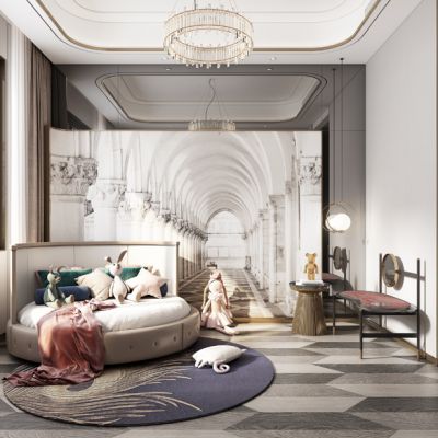 现代轻奢简欧式儿童房卧室圆床