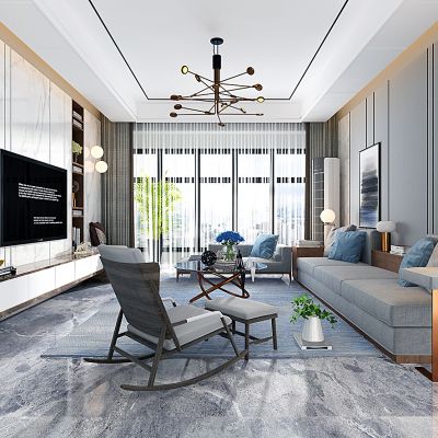 现代客厅沙发茶几摇椅花架摆件