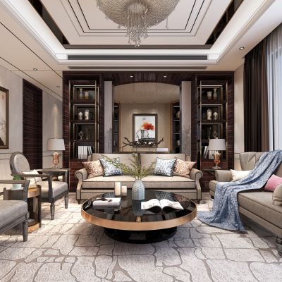 欧式新古典客厅会客厅沙发茶几吊灯吸顶灯3D模型
