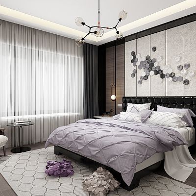 现代卧室床床头挂饰靠包床组合