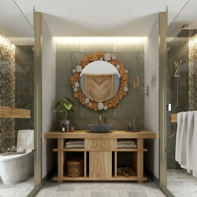 新中式民宿卫生间木块木桩木镜框