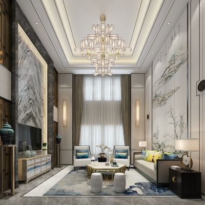 新中式别墅跃层客厅沙发茶几电视柜