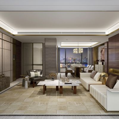 现代轻奢港式客厅餐厅沙发茶几电视柜