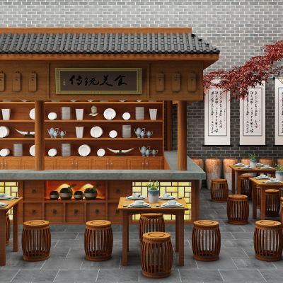 中式古典餐厅美食城大排档餐桌椅组合牌匾树字画