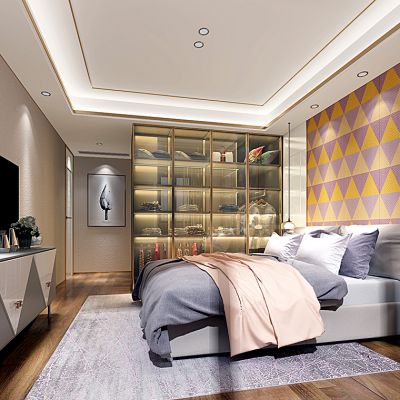 现代卧室玻璃衣柜床床头柜电视柜