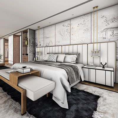 新中式主卧室客房床床头柜