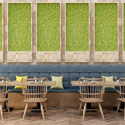 现代新中式餐厅桌椅植物墙卡座餐具组合