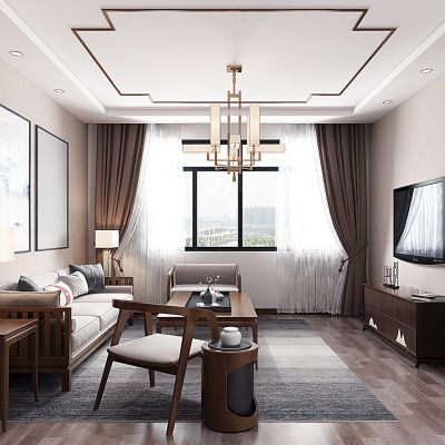 新中式客厅沙发茶几台灯门