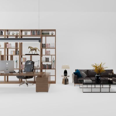 现代班台办公桌书柜沙发组合