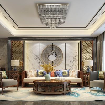 新中式东南亚客厅沙发茶几背景墙鼓凳吸顶灯