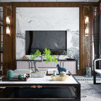 新中式客厅沙发茶几电视柜花瓶摆件饰品窗帘