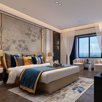 新中式简欧轻奢卧室双人床床头柜皮革牡丹花梅花雕花背景