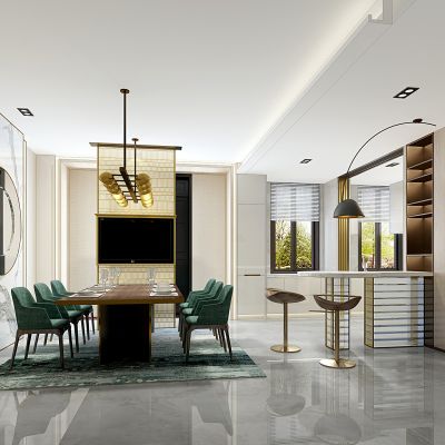 现代餐厅吧台餐桌椅吊灯吧椅