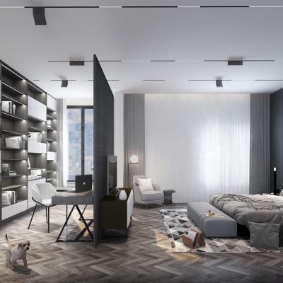 后现代卧室床书房书柜书桌椅宠物狗