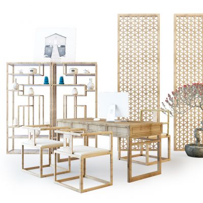 新中式书桌椅博古架屏风摆件组合