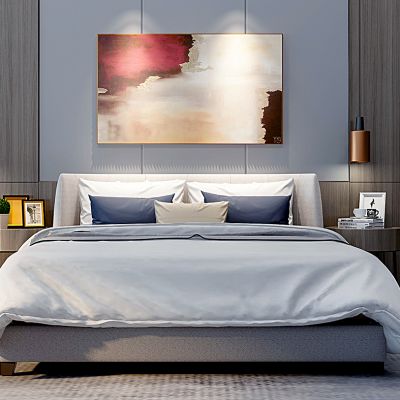 现代双人床圆几摆件卧室组合