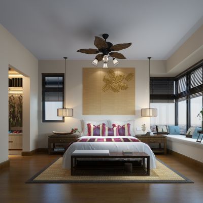 东南亚泰式卧室床百叶帘风扇灯