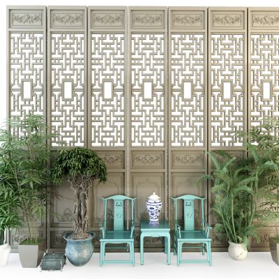 中式椅子屏风组合