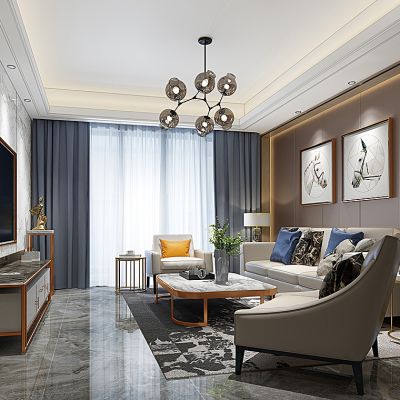 现代客厅沙发茶几电视柜小吊灯