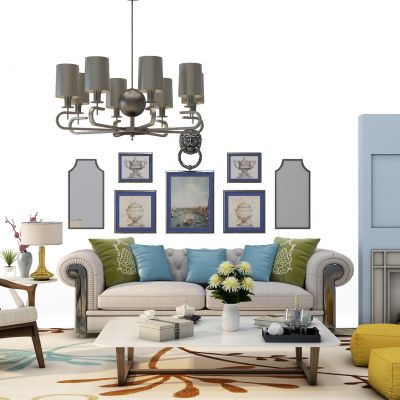 欧式沙发壁炉吊灯茶几组合