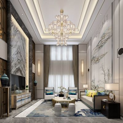 新中式别墅客厅沙发茶几鼓凳电视柜