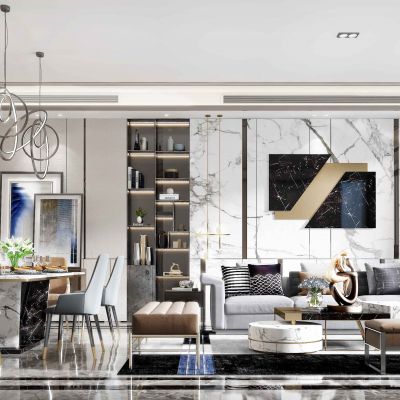 现代轻奢客餐厅沙发茶几单人沙发方形餐桌椅子