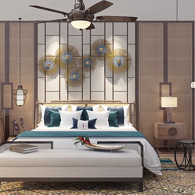 东南亚风格卧室床床头柜风扇灯休闲椅