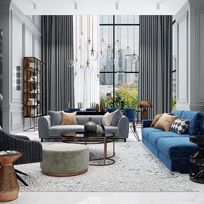 现代客餐厅沙发茶几餐桌椅书架