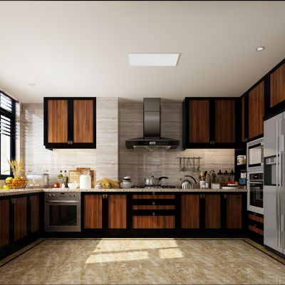 新中式厨房陈设冰箱烤箱厨具