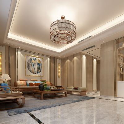 现代新中式会客厅吊灯中式古典实木沙发茶几罗汉床