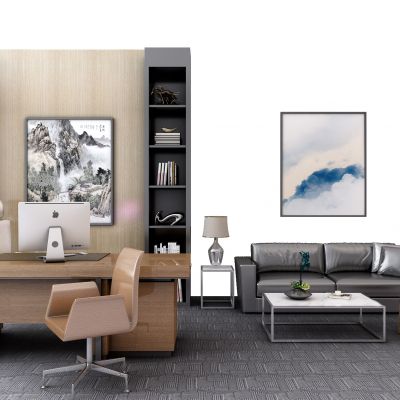 现代老板台书柜沙发组合