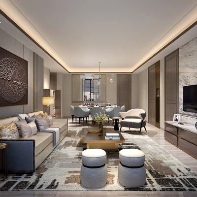 新中式现代客厅餐厅沙发茶几电视柜落地灯