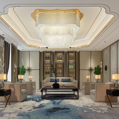 新中式会所接待室会客厅沙发大型水晶吸顶灯书柜