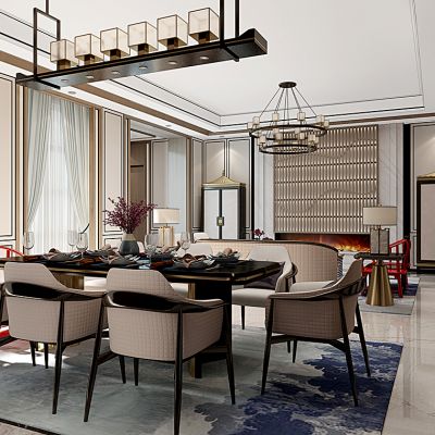 新中式客餐厅餐桌椅吊灯沙发茶几装饰柜