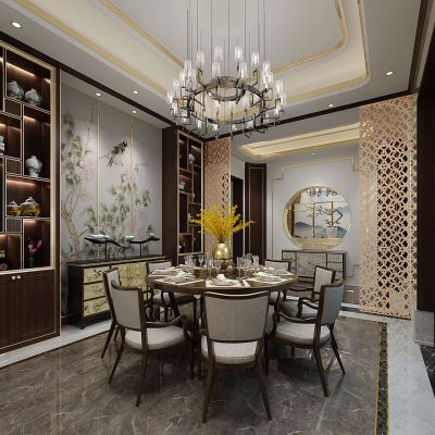 新中式别墅餐厅圆形餐桌椅餐边柜吊灯